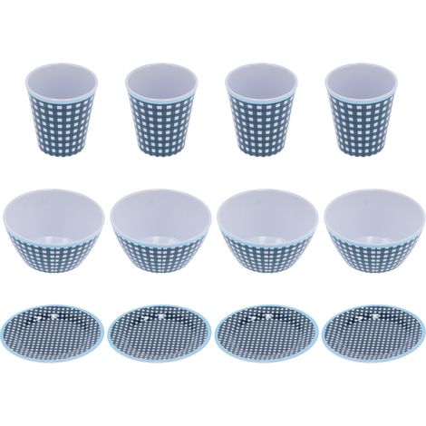 12 pièces vaisselle bleu foncé motif quadrillage mélamine tasse bol assiette pour cuisine maison restaurant (1/5)