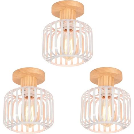 Plafonnier Vintage - - 18CM - Métal Cage - Bois Blanc - Éclairage Rétro (1/5)