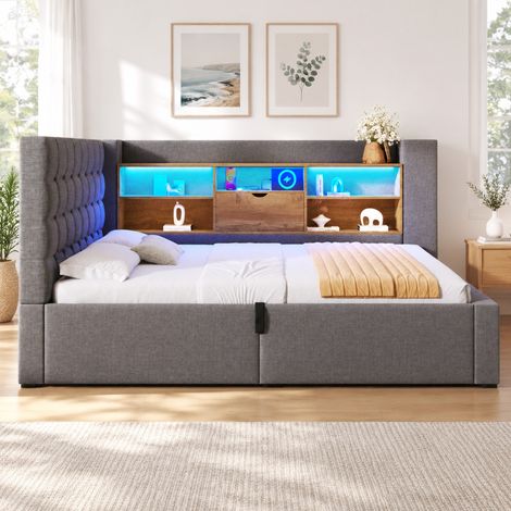 Cama tapizada 90 x 190 cm con almacenaje, LED, USB-A y USB-C, gris HAVRYA (1/5)