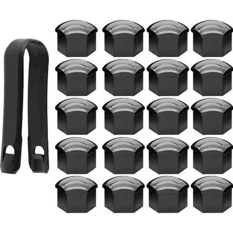 Lot de 20 cache-écrous de roue 17 mm pour écrous de goujon de roue avec outil de démontage (noir) (1/4)