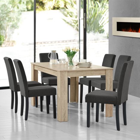 Set de comedor Kramfors mesa con 6 sillas rústico MDF textil 140 x 90 x 77 cm - Roble y Gris oscuro [en.casa] (1/5)