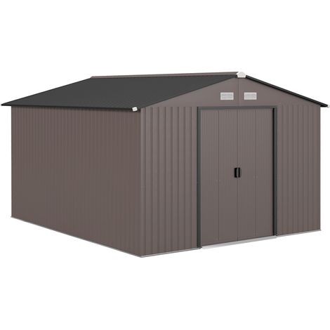 Casetta da Giardino 322x277x192 cm con 2 Porte Scorrevoli e 4 Prese d'Aria in Acciaio Marrone