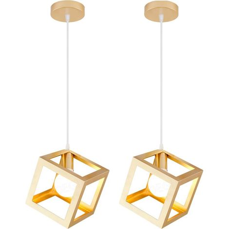 2PCS Suspension Lustre En Forme De Cube Suspension Luminaire Moderne Plafonnier Rétro Vintage Or (1/5)
