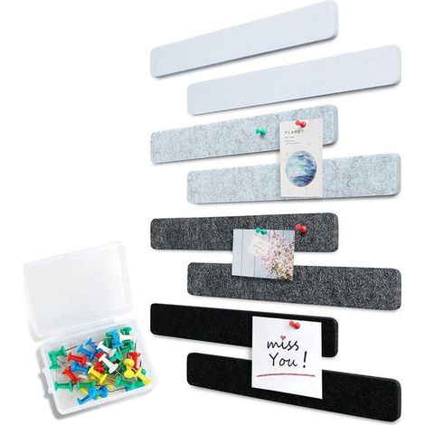 Tableau d'affichage en feutrine autocollante avec punaises, lot de 8, bandes de feutrine, tableau mémo pour photos, tableau d'affichage, décoration murale pour bureau, cuisine, noir, blanc (1/5)