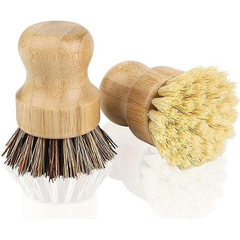 Ensemble de 2 brosses à vaisselle en bambou, mini brosse de nettoyage en bambou, éponge à récurer, compatible avec les poêles en fonte. (1/5)