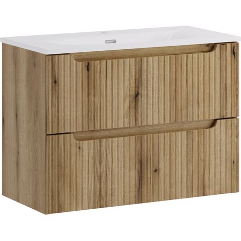Meuble suspendu 2 tiroirs avec vasque encastrée NOVA 80 cm-Naturel-Largeur 80 cm (1/5)