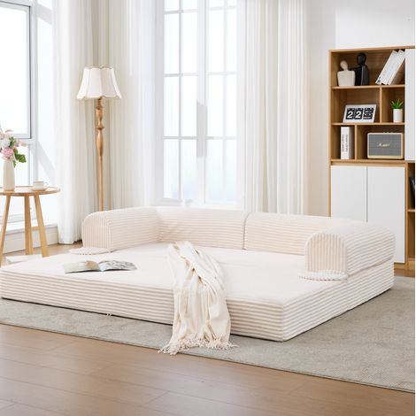 Sofá cama 2 plazas de pana beige, convertible, modelo bajo para salón y habitación de invitados (1/5)