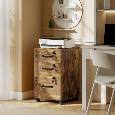 Caisson Bureau Mobile 3 Tiroirs Verrouillables, Rangement Roulettes, 40 x 40 x 69,5 cm, Marron (1/4)
