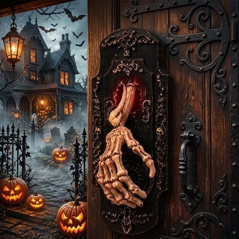Sonnette Halloween suspendue avec détecteur de mouvement, décoration porte en forme de crâne effrayant, accessoire maison hantée (1/3)