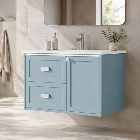 Mobile lavabo sospeso in MDF e ceramica blu 76x46x51 cm con lavabo integrato, 2 cassetti e luce LED con sensore radar (1/5)