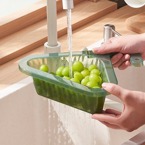 Panier de vidange triangulaire pour évier de cuisine, avec poignée rétractable et système anti-éclaboussures, idéal pour cuisine et salle de bain.