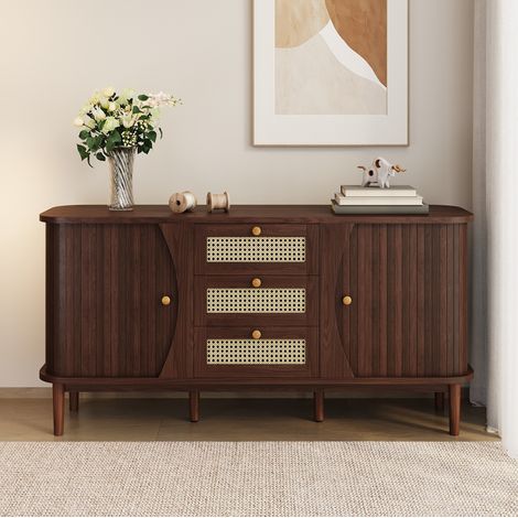 Credenza 140.5x40x76 cm naturale in pannello truciolare con ante scorrevoli, cassetti in rattan e ripiani regolabili (1/5)