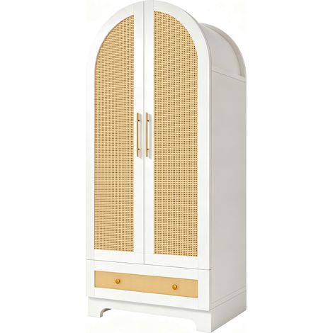 CHICFURN Armario ropero blanco de 2 puertas con 2 cajones, compartimento amplio y paneles con textura de resina trenzada, para dormitorio, vestidor o salón (1/5)
