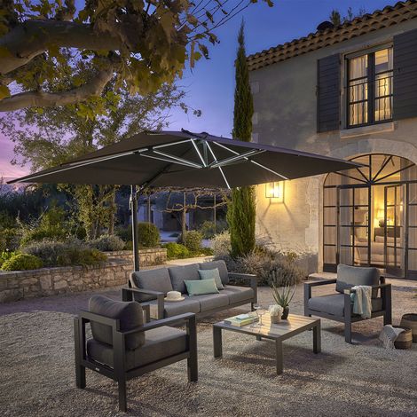 Parasol déporté rectangulaire Melhia anthracite avec LED 4 x 3m en aluminium acier et oléfine - Hespéride