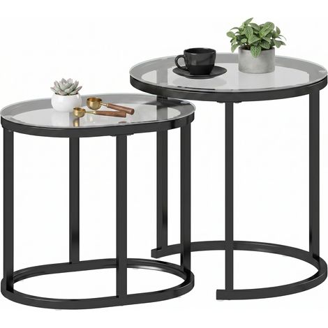 HOMCOM 2 Pcs Modern Coffee Table with Tempered Glass Tabletop, Black