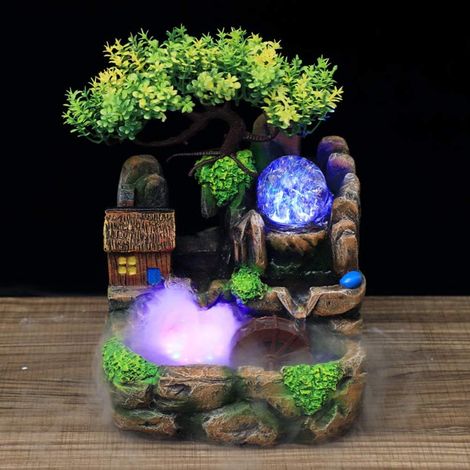 Fontaine D'intérieur avec des Plantes, Cascade de Fontaine de Table avec Brouillard, Fontaine de Bureau en Résine D'aquarium de Jardin avec éclairage, Décoration de Jardin de Rocaille(EU220V) (1/5)