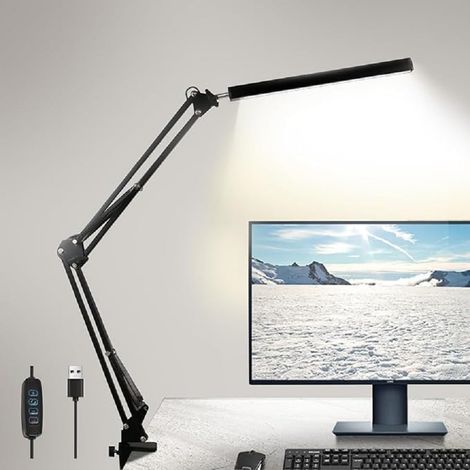 Lampe de Bureau LED Pliable à Double Bras Articulé , 3 Températures de Couleur + Luminosité Réglable (12.5W) avec Alimentation USB (Noir) (1/5)
