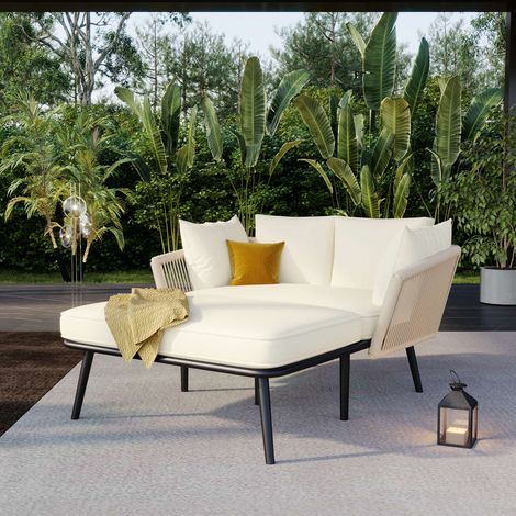 Bain de soleil double extérieur en acier galvanisé, salon de jardin beige avec coussins déhoussables, transat lounge avec dossier tressé pour terrasse et balcon (1/5)