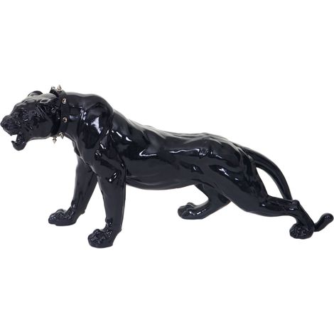 [NUNCA USADO] Figura decorativa leopardo 59cm, escultura de poliresina pantera, interior/exterior, negro alto brillo con collar