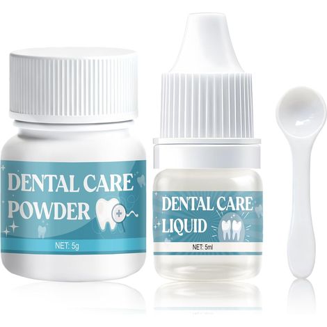 Ciment Dentaire, Colle Dentaire Extra Forte, Colle pour Dentier, 5g+5ml  Colle Couronne Dentaire pour Refixer Couronnes et Bridges Dentaires, Pansement Dentaire, Fixation Rapide et Fiable (1/5)