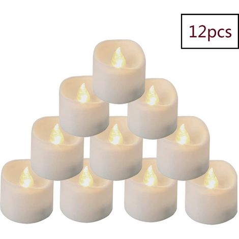 12 bougies chauffe-plat LED avec minuterie, bougies électriques à piles à effet scintillant, 6 heures allumées et 18 heures éteintes, 3,2 x 3,6 cm [Plastique, Blanc chaud] (1/5)