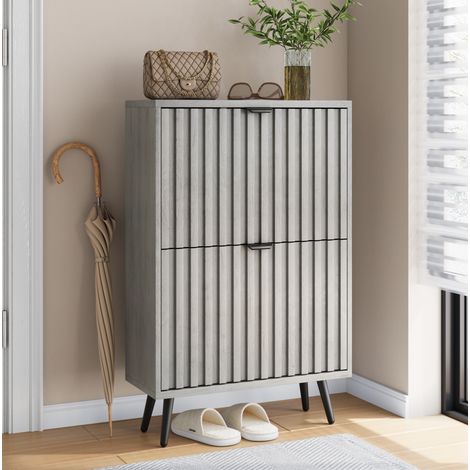 Zapatero con 2 Puertas Abatibles y Estantes Ajustables, Diseño Ranurado, para Entrada y Pasillo, Gris (1/5)