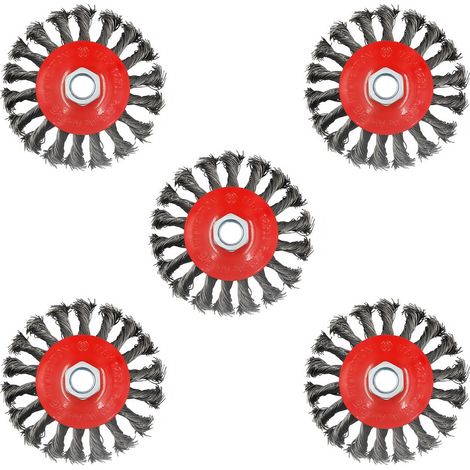 Lot de 5 brosses torsadées en fil métallique noué de 10,2 cm pour meuleuse d'angle avec tige filetée de 5/8"-11 - Fil en acier au carbone de 0,06 cm pour conditionnement robuste de divers (1/5)