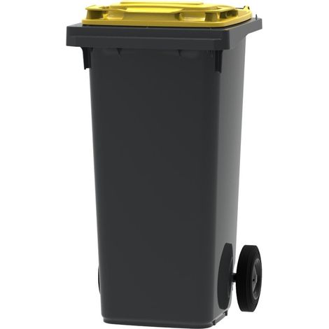 ESE France Conteneur Poubelle à déchets 2 roues - 120L - Robuste et Économique - 100% Recyclé - Gris avec Couvercle Jaune - Fabriqué en France (1/5)