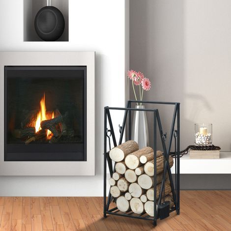 Holzständer aus Stahl für den Innen- und Außenbereich mit 4 Zubehörteilen: Holzständer mit Schürhaken, Schaufel, Besen und Zange, 46 x 30 x 76 cm, schwarz (1/5)