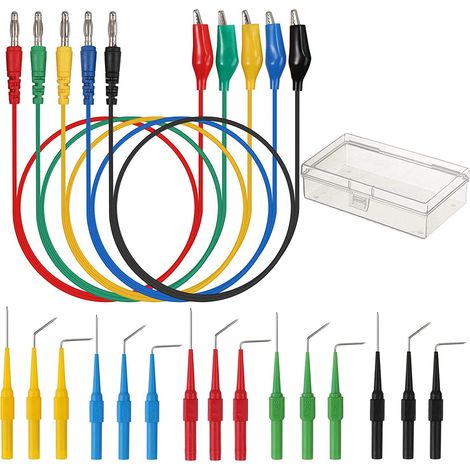 20pcs Fil de Test de Sonde Arrière avec 15pcs Broches de Sonde Arrière et 5pcs Fiche Banane à Pince Crocodile pour Test de Circuit de Diagnostic Multimètre(90 °, 135 °, droites)