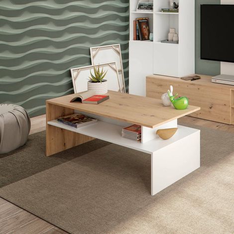 Dmora - Mesa de centro Dmore, Mesa de centro, Mesa de centro, Mesa baja, 100x50h43 cm, Roble Nudos y blanco brillo (1/4)