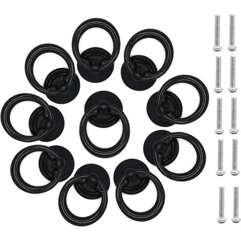 Set di 10 maniglie per mobili in metallo nero con viti, anello a foro singolo per armadi, cassetti e comò. (1/4)