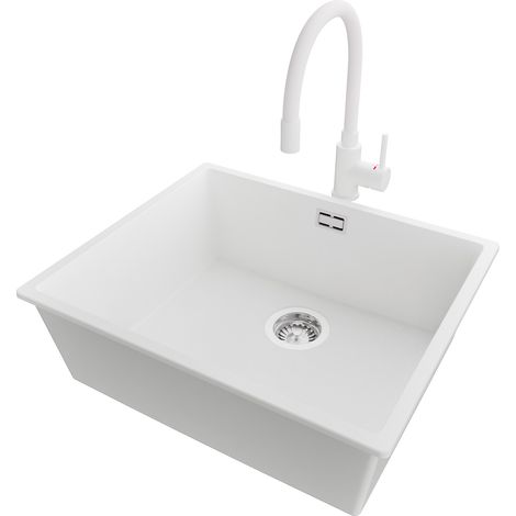 PRIMAGRAN Evier Sous Plan 56x47cm,Evier en Granit 1 bac + Robinet 38x14cm + Kit de Vidage, Évier au meuble 60cm - London, Blanc (1/5)