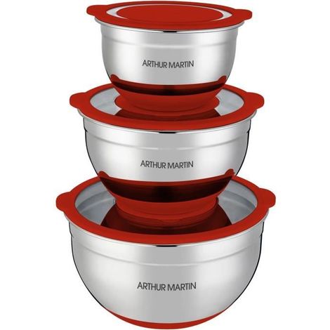 Set von Salatschüsseln - ARTHUR MARTIN - AM032 - 16-20-24 cm - Hermetische Deckel - Edelstahl - Rutschfester Silikonboden