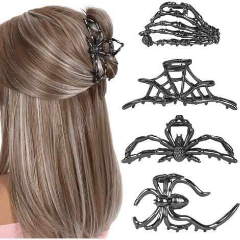 Lot de 4 pinces à cheveux en métal style griffes pour Halloween - Décoration toile d'araignée et squelette, accessoires de coiffure gothiques pour femmes et filles aux cheveux longs et épais, idéal po (1/5)