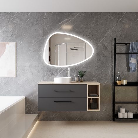 Ocean Ensemble Meuble Salle de Bain 120cm , avec Lavabo et miroir led asymétrique, Suspendu (1/5)