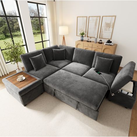 Canapé d'angle convertible modulaire 4 à 5 places, avec 2 poufs, rangements et ports USB/Type-C, gris, CHICFURN (1/5)