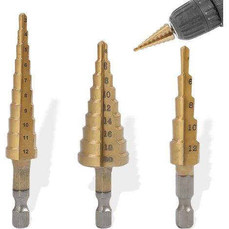 Foret Fraise Meche Etage, Forets Fraisés HSS 4-12 mm/4-20 mm/3-12 mm, Revêtement Titane, Tige Hexagonale, Adaptés au Perçage par Tournevis Dans l'acier, le Laiton, le Bois et le Plastique (1/5)