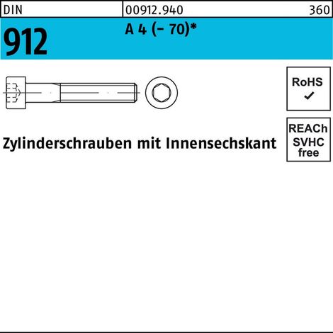 DIN 912/ISO 4762 Zylinderkopf-Schaftschraube M12x45 Edelstahl A4 70 blank Innensechskant 100 Stk