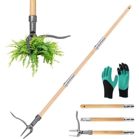 Désherbeur Manuel avec 4 Griffes Métal et Pédale Antidérapante,1,1 m Arrache Mauvaises Herbes,Manche en Bambou Naturel (1/4)