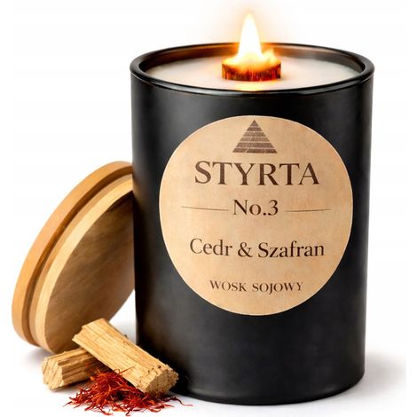 Vela de soja de lujo con aroma a cedro y azafrán, 200 ml, en vaso de vidrio negro con bambú n.° 3 (1/5)