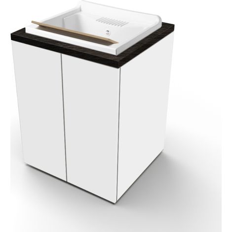 Lavatoio in legno Bianco a 2 ante con top Olmo Caffe' e vasca in resina 71x65 cm (1/2)