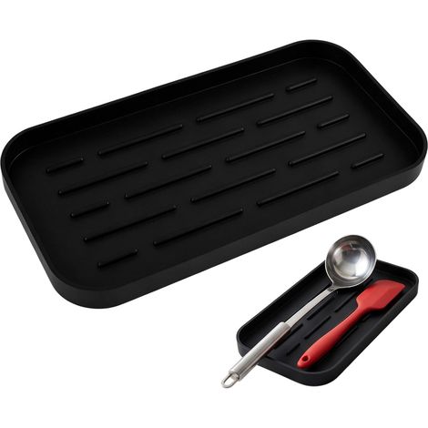 Repose Cuillère Cuisine - 1 Pièce - Silicone Noir - Résistant Chaleur Antidérapant - Pour Comptoir Et Plaque - 25x13,5x1,7cm (1/5)
