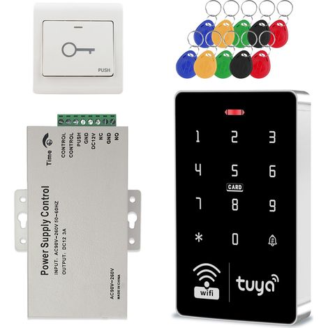 Système de contrôle d'accès avec Clavier RFID étanche IP68 + Bloc d'alimentation + Interrupteur + 15 Porte-clés ID 13,56 MHz + (Serrure électrique) (1/5)