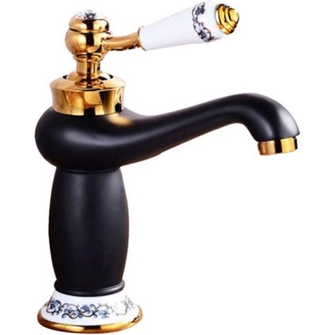 Robinet de lavabo en laiton massif monotrou à bec bas, finition noir mat et or rose – eau chaude/froide (1/4)