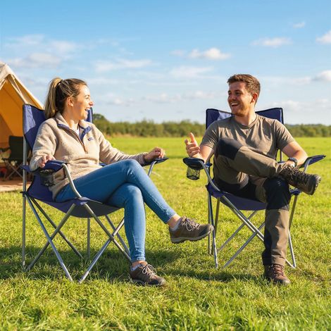 Lot de 2 Chaises de Camping Pliantes avec Porte-Gobelet. Sac de Transport. Dossier Haut. 88x57x97cm. Bleu Foncé