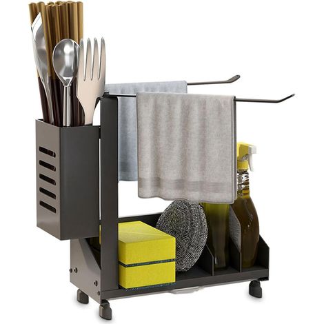 Porte Eponge Evier Rangement Evier avec Porte-Serviettes, Plateau Amovible, Repose-Baguettes Organiseur Evier de Cuisine en Acier Inoxydable Support Eponge Evier