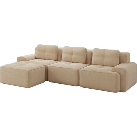 Modulares L-Sofa aus beigem Bouclé mit Ottomane, ohne Montage, 3-Sitzer (1/5)