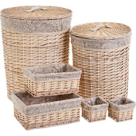 Panier de rangement tressé - JUANIO - Tressé - Lot de 6 - Empilable - Avec couvercle en osier-tissu (1/4)