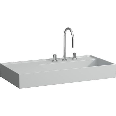 Lavabo KARTELL 900 x 460 mm, étagère à gauche sans trop-plein, 3 trous de robinetterie design gris LAUFEN